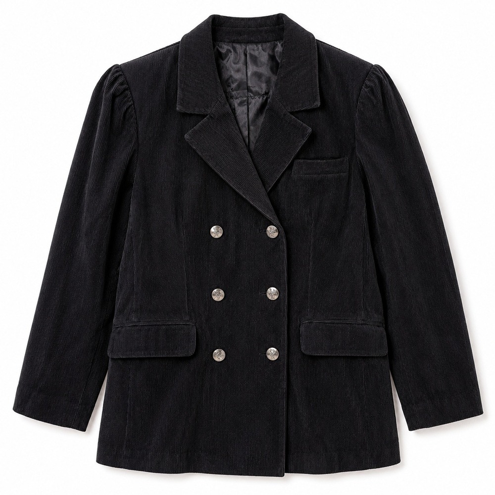 Vtg Black Corduroy Double Breasted‎ Blazer Crest Silver Buttons Mens Poetcore L